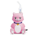 Veridian Kitty Compressor Nebulizer, a pink cat-shaped nebulizer with a clear mouthpiece for respiratory treatments.