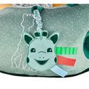 Soft green baby seat with a smiling Sophie La Girafe plush attachment and colorful fabric tags, designed for playtime.