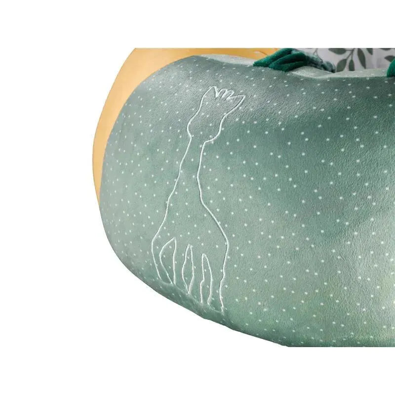 Green baby seat featuring an embroidered silhouette of Sophie La Girafe, designed for play and support.