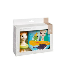 Vulli Bath Gift Set featuring a Sophie the Giraffe toy and bath accessories in a colorful packaging.