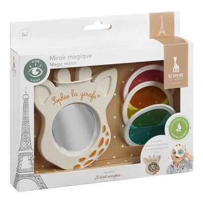 Magic mirror designed for infants featuring a Sophie la girafe motif, includes four interchangeable colorful lenses.