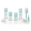 Vulli Mii Sophie La Girafe Birth Set featuring four clear bottles with blue caps, two silicone nipples, and a bottle brush.