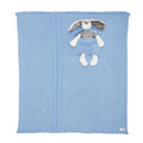 Knitted blue baby blanket set featuring a plush rabbit toy integrated into the design.