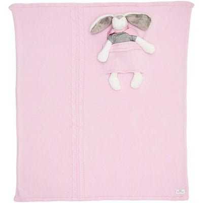 Knitted baby blanket set in pink featuring a soft stuffed bunny doll tucked into the blanket.