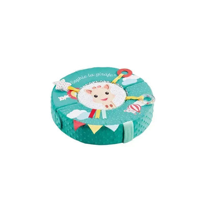Motor skills wheel featuring a teal design with Sophie the Giraffe, colorful rings, and playful flags for sensory play.