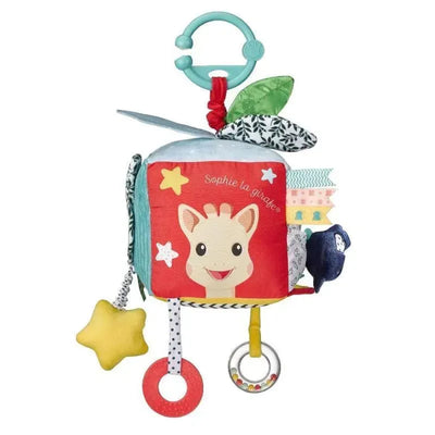 Sensory Cube featuring Sophie La Girafe design with colorful textures, tags, and sensory elements for infants.