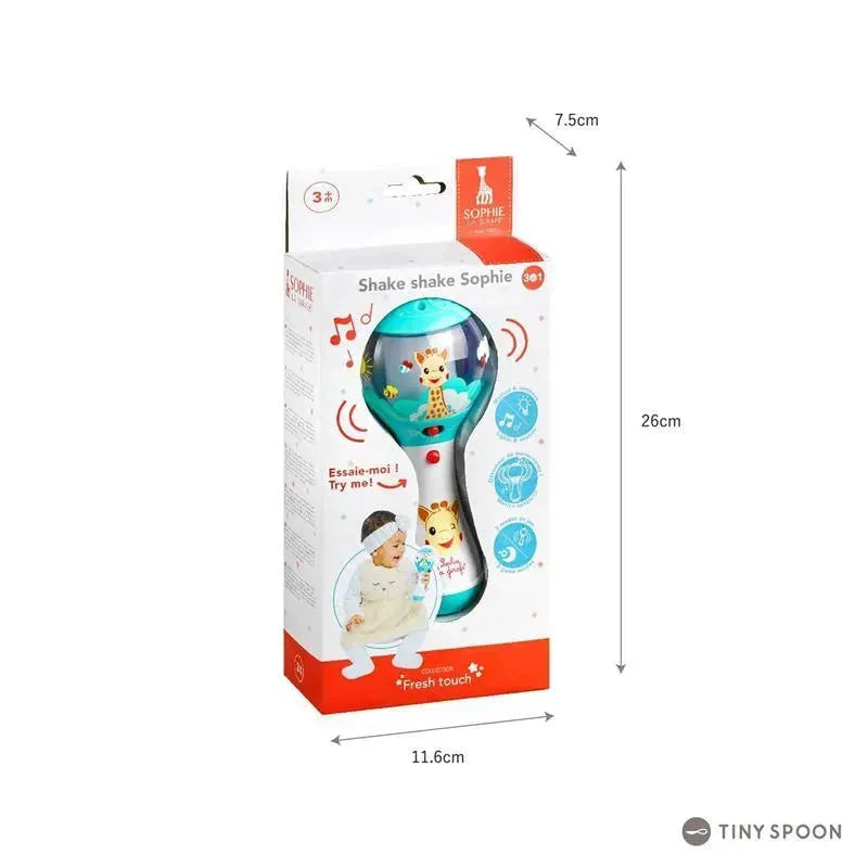 Vulli Shake Shake Sophie maraca packaging featuring a colorful design, dimensions, and a child enjoying the toy.
