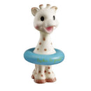 Vulli Sophie La Girafe Bath Toy, a white giraffe with brown spots and a blue floating ring, smiles happily.