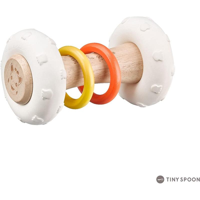 Vulli Sophie La Girafe So Pure Totem Rattle featuring a wooden handle and three colorful rings: orange, yellow, and red.