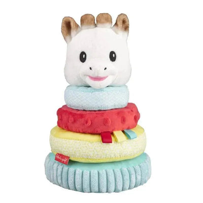 Soft stacking toy featuring a smiling giraffe head atop colorful plush rings in various textures.