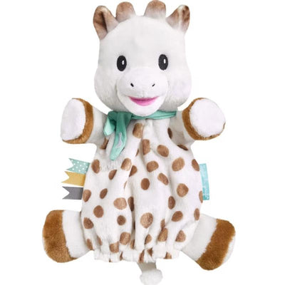 Vulli Sophie La Girafe Sweetie Puppet Comforter, a soft giraffe puppet with brown spots and a teal scarf.