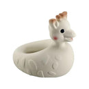 Vulli Sophie La Giraffe So Pure Bath Toy, a soft rubber giraffe-shaped bath toy in pale colors, suitable for children.