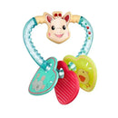 Vulli Sophie The Giraffe teething toy featuring a giraffe head handle and three colorful textured rings.