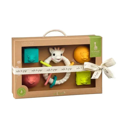 Vulli Sophie The Giraffe Early Learning Gift Set featuring a giraffe teether and colorful sensory blocks in a gift box.