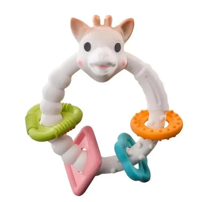 Vulli Sophie The Giraffe Early Learning Gift Set featuring a soft giraffe-shaped teether with colorful textured rings.