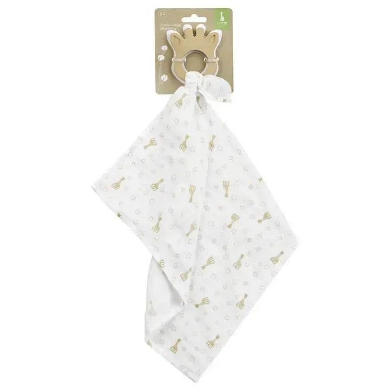 Vulli teething ring shaped like a giraffe, paired with a soft swaddle featuring playful patterns and colors.