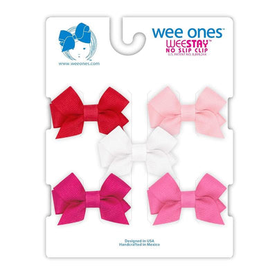 Five-pack of tiny grosgrain hair bows in red, light pink, white, shocking pink, and hot pink.