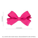 Tiny grosgrain hair bow in shocking pink, measuring approximately 2¾ inches across and 1½ inches tall.