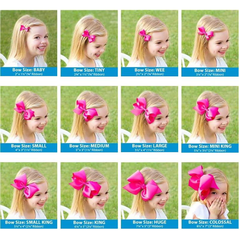 Baby girl wearing various sizes of pink hair bows on nylon hair bands, showcasing styles and dimensions from tiny to colossal.