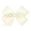 Classic grosgrain hair bow with scalloped edges in antique white, showcasing a medium size and simple elegant design.