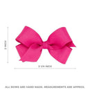 Classic French satin hair bow in bright pink on a WeeStay clip, measuring approximately 3.25 inches wide and 2 inches high.