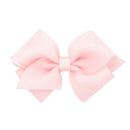 Extra small light pink grosgrain hair bow with organza overlay on a WeeStay clip.