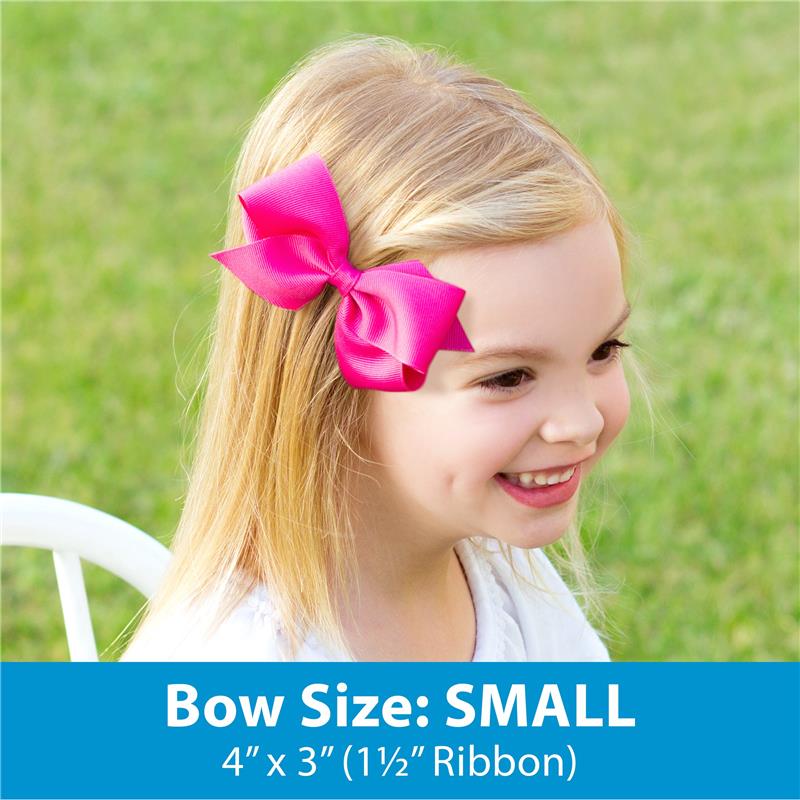 Light pink grosgrain hair bow with organza overlay on a WeeStay clip, worn by a smiling girl with long hair.