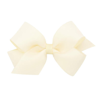 Off-white grosgrain hair bow with an organza overlay attached to a WeeStay clip. Medium size.