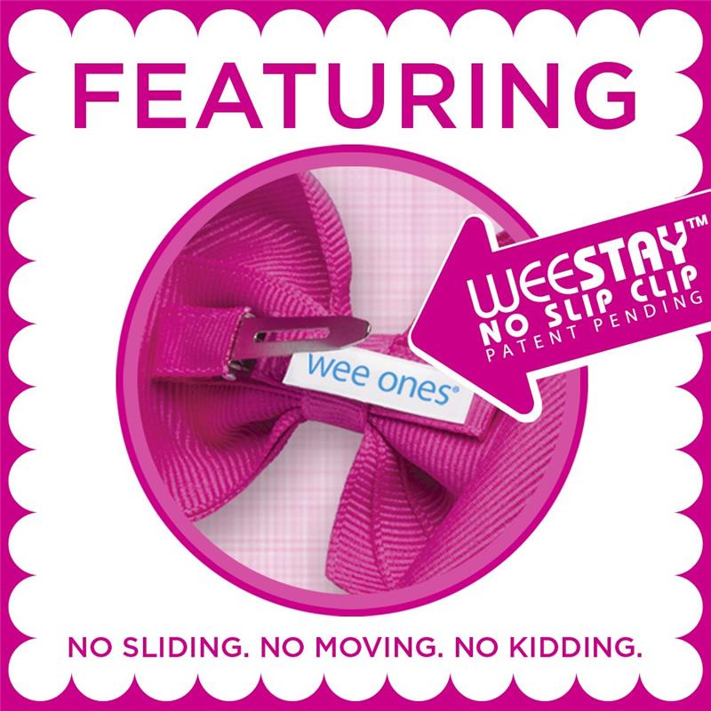 Hot pink grosgrain hair bow attached to a WeeStay no-slip hair clip; features branding and promotional text about its secure fit.
