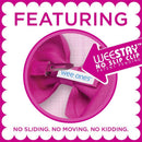 Hot pink grosgrain hair bow attached to a WeeStay no-slip hair clip; features branding and promotional text about its secure fit.