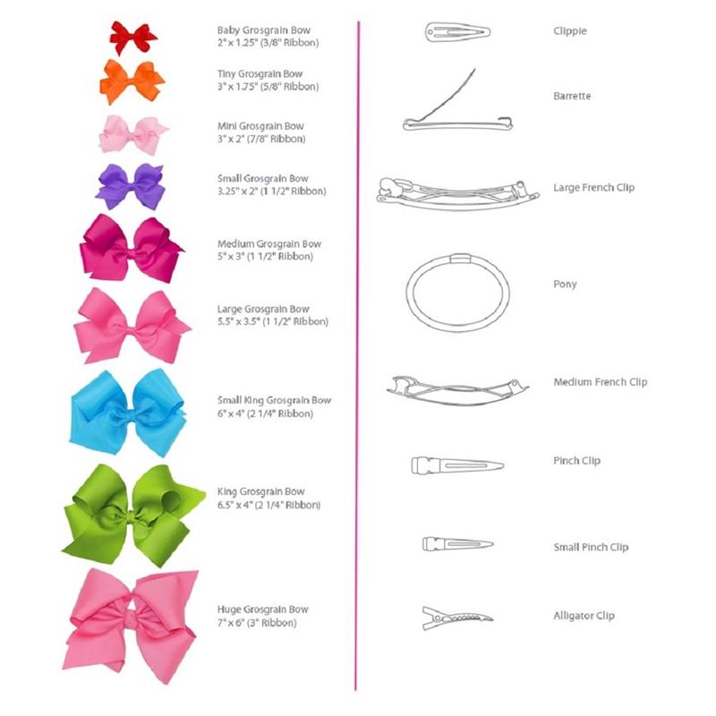 Hot pink grosgrain hair bow on a WeeStay no-slip hair clip, with various bow sizes and attachment types listed.