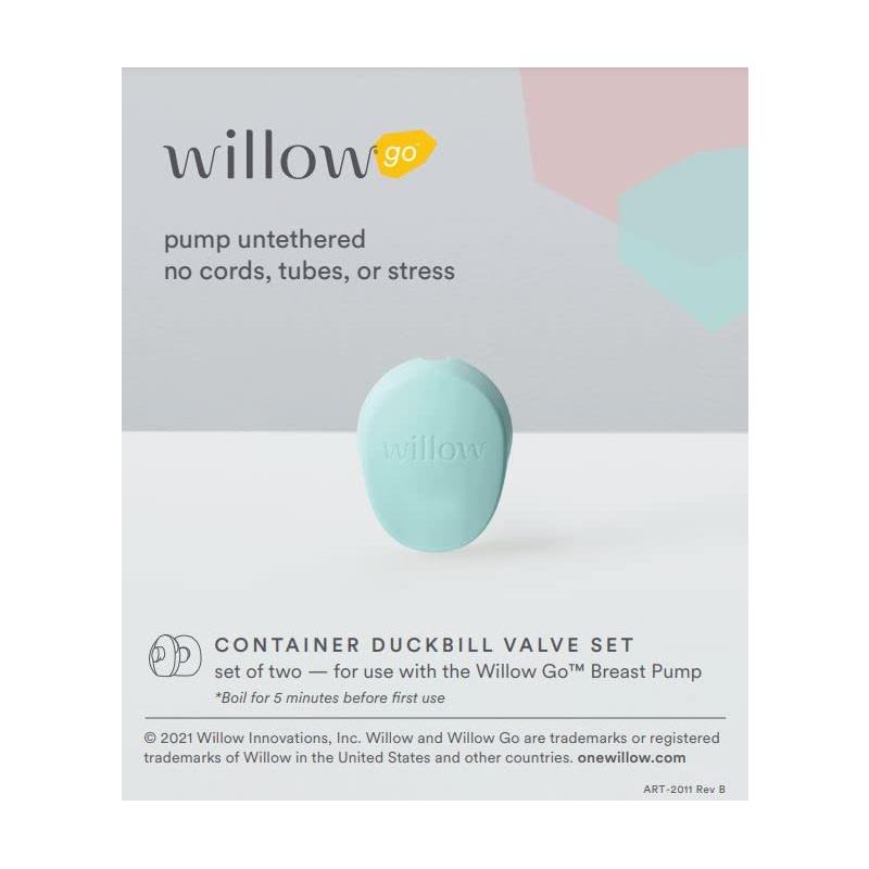Set of two teal duckbill valves for the Willow Go breast pump, with instructions for boiling before first use.
