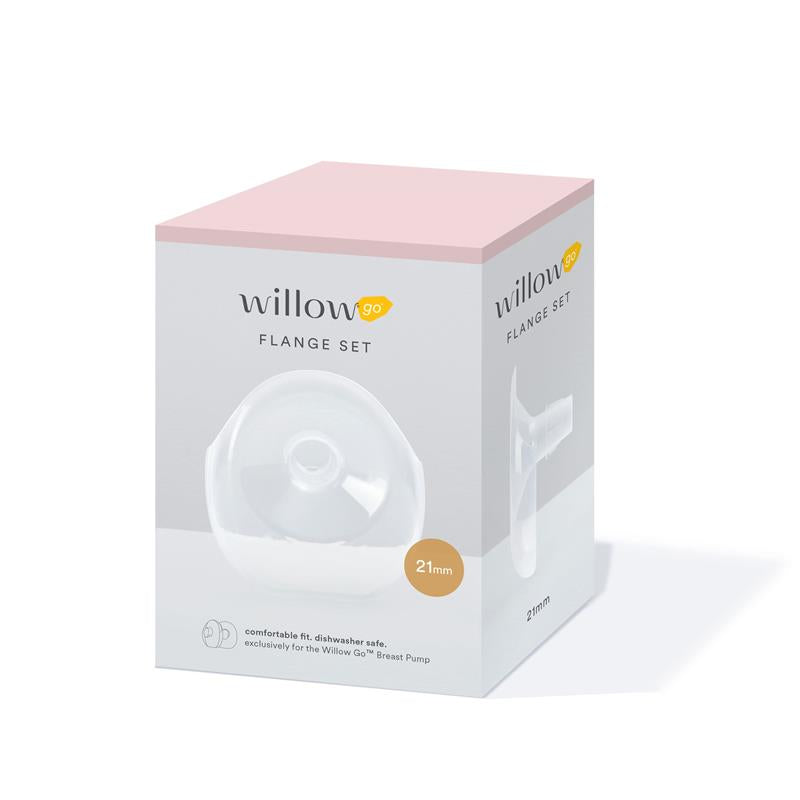 2-pack of Willow Go flanges, 21mm size, designed for the Willow Go breast pump, featuring a comfortable fit and dishwasher safe.
