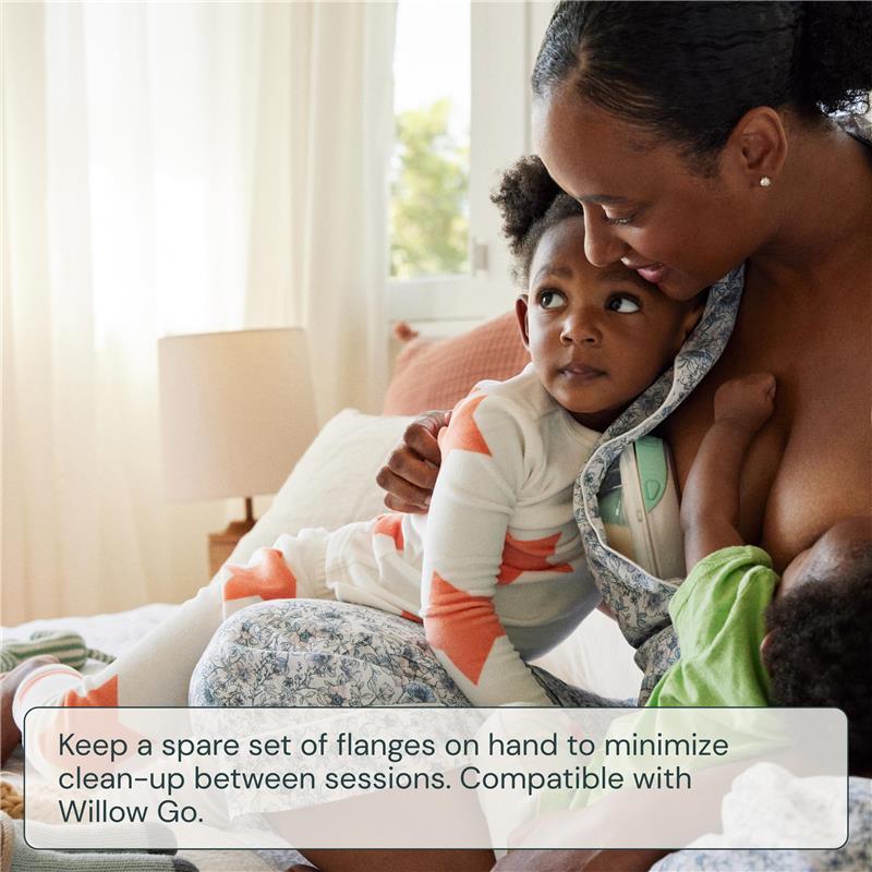 Willow 2Pk Go Flange, 27mm, shown with a mother and her children, highlighting its compatibility with the Willow Go pump.
