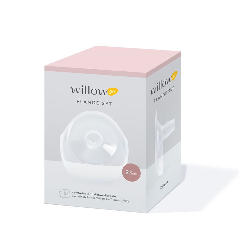 27mm flange set for the Willow Go breast pump, featuring a comfortable fit and dishwasher-safe design.