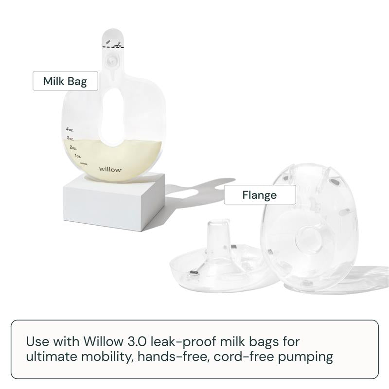 21mm breast pump flanges with a clear design, shown alongside a milk bag filled with expressed milk, labeled for use with Willow 3.0.