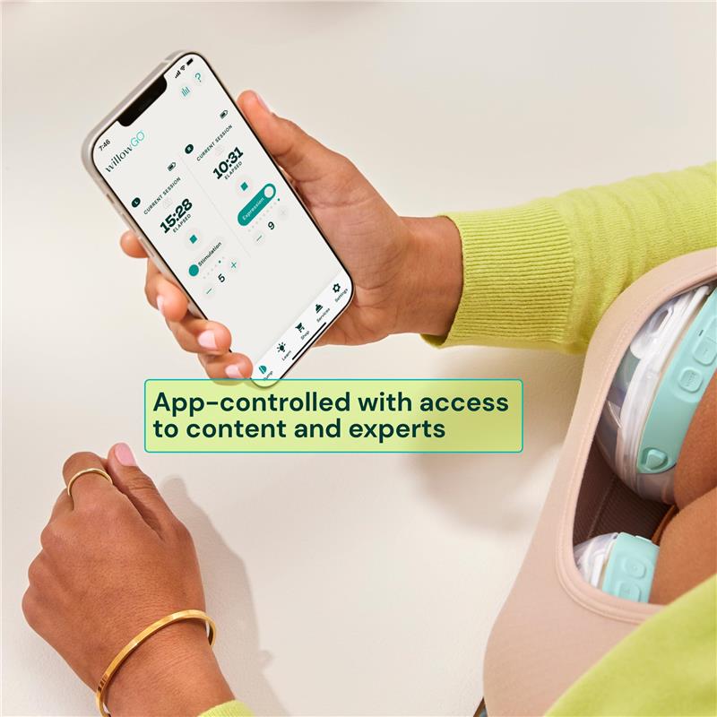 Wearable Willow Go breast pump displayed with a smartphone showing app controls and access to expert content.