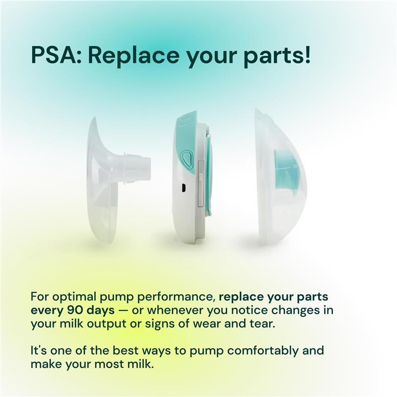 Wearable breastfeeding pump parts displayed with a reminder to replace them every 90 days for optimal performance.