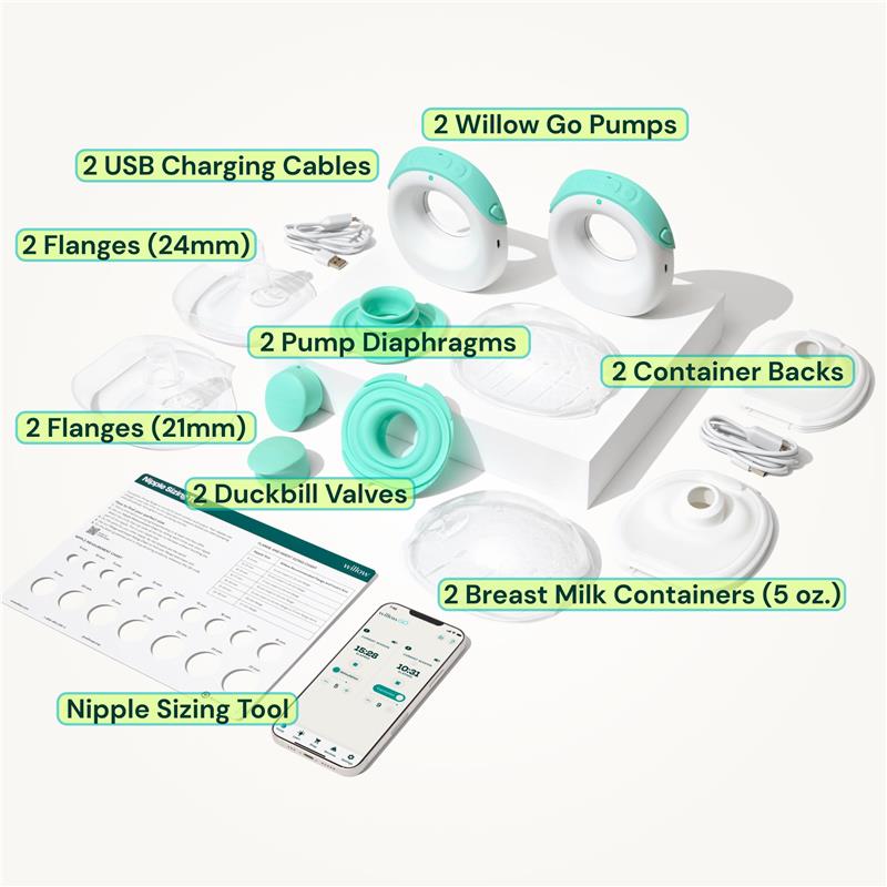 Willow Go Hands Free Breast Pump kit with two pumps, flanges, duckbill valves, diaphragms, milk containers, and a nipple sizing tool.