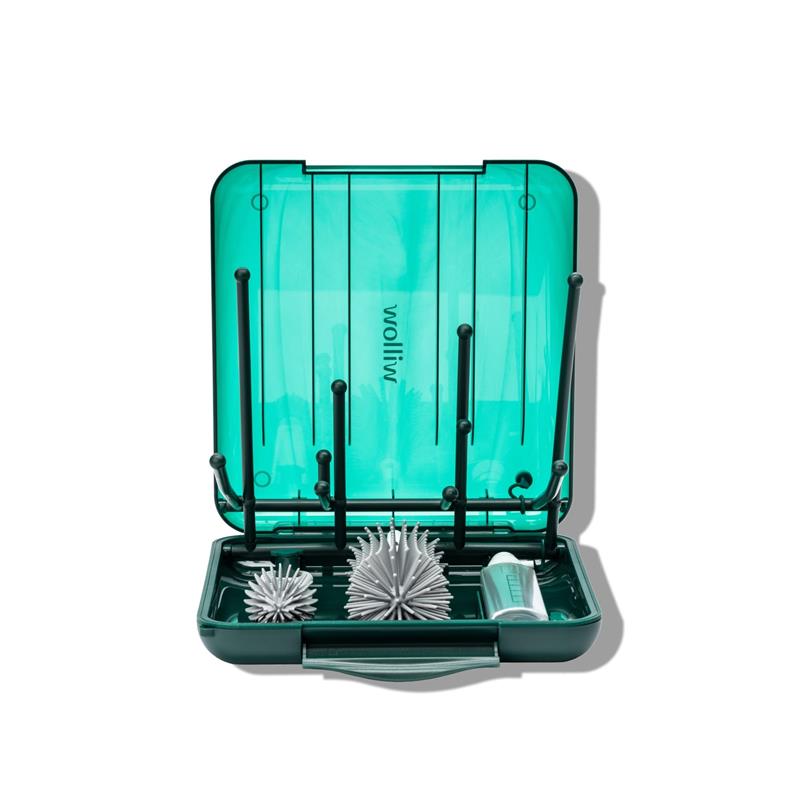 Travel cleaning kit and drying rack in a teal case, featuring cleaning tools and a small tube, designed for on-the-go use.