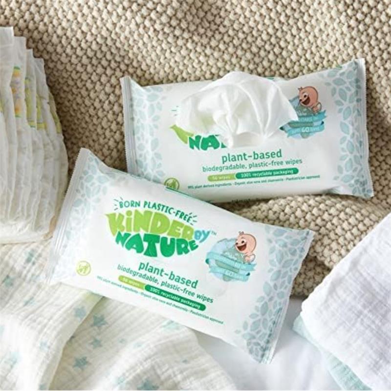 Wilogis - 1Pk Kinder by Nature plant-based baby wipes, featuring biodegradable packaging and a single wipe partially pulled out.