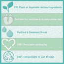 Plant-based baby wipes details: 99% vegetable ingredients, suitable for sensitive skin, recyclable, compostable in 60 days.