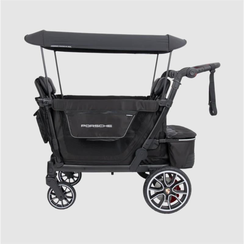 Wonderfold L4 Porsche Quad Stroller Wagon in black, featuring non-electric wheels and a spacious seating area.