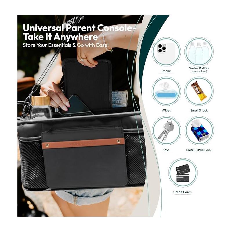 Universal Parent Console stroller organizer showing a person holding a phone and featuring compartments for water bottles, snacks, wipes, and keys.