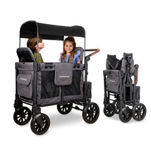 Wonderfold W2 Luxe Pro double stroller for two kids in charcoal gray, featuring two seats and a foldable design.