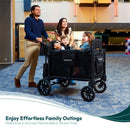 Wonderfold W4 Luxe Pro Quad Stroller in Jet Black, carrying four kids; family enjoying an outing.