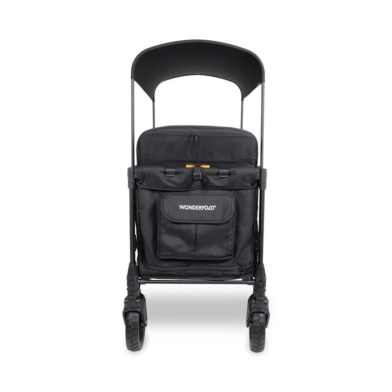 Quad stroller designed for up to four kids, featuring a sleek jet black color and durable wheels.
