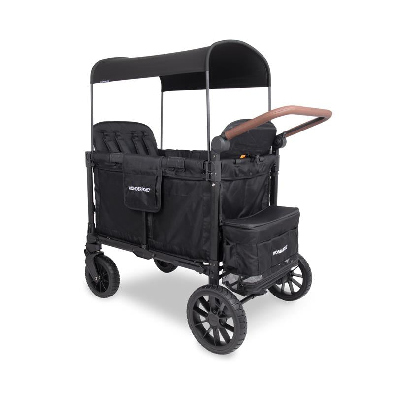 Quad stroller designed for up to four children, featuring a jet black color and spacious seating with a canopy.