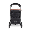 Quad stroller designed for up to 4 kids in jet black, featuring a brown handle and spacious storage compartments.