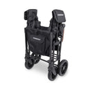Quad stroller in jet black with spacious seats for up to four children and multiple storage pockets.